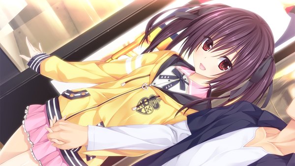 Anime picture 1280x720 with pretty x cation hibiki works sakura asagiri long hair open mouth black hair red eyes wide image twintails game cg couple girl boy bow ribbon (ribbons) hair bow hair ribbon jacket