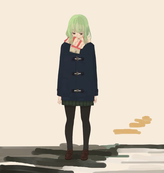 Anime picture 2550x2698 with vocaloid gumi single long hair tall image highres green hair black eyes alternate costume looking down girl skirt pantyhose jacket scarf