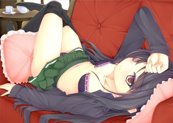 Anime picture 1200x856 with accel world sunrise (studio) kuroyukihime jougen long hair light erotic black hair red eyes lying open clothes pantyshot open shirt legs girl skirt miniskirt pantyhose couch