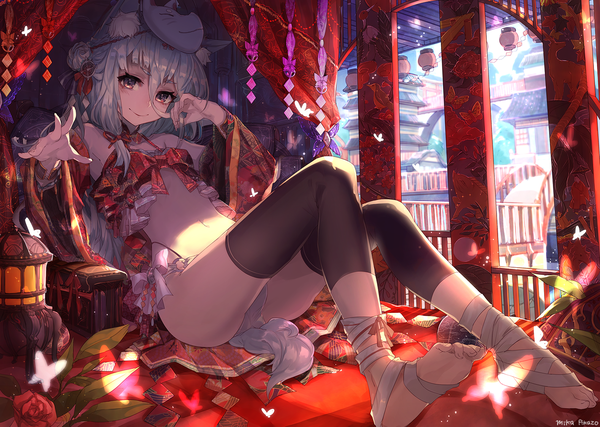 Anime picture 1579x1125 with original mika pikazo single long hair fringe light erotic smile hair between eyes signed animal ears silver hair bent knee (knees) tail traditional clothes japanese clothes animal tail barefoot wide sleeves fox ears adjusting hair