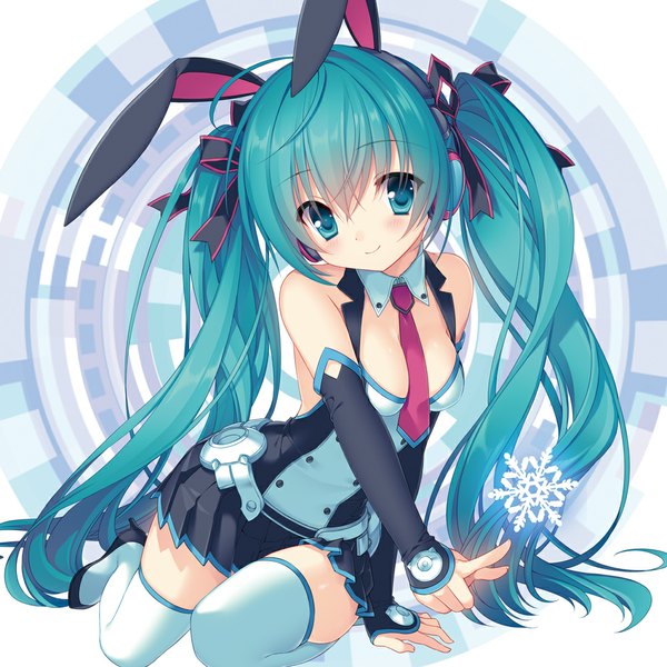 Anime picture 1000x1000 with vocaloid hatsune miku sakura neko single looking at viewer blush smile twintails animal ears very long hair aqua eyes aqua hair bunny ears girl thighhighs skirt bow hair bow detached sleeves white thighhighs