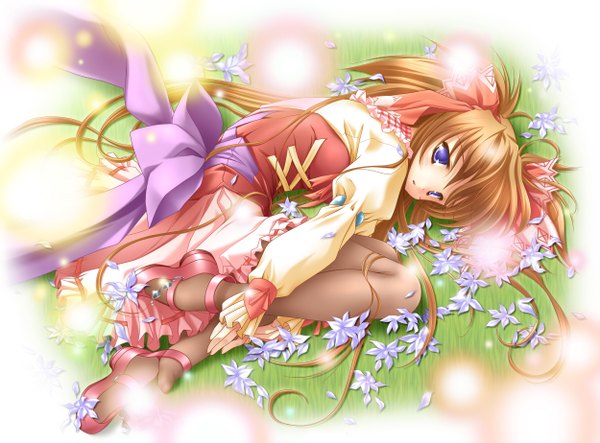 Anime picture 2500x1846 with carnelian long hair fringe highres brown hair purple eyes looking away lying on side hair ornament flower (flowers) plant (plants) petals pantyhose shoes grass