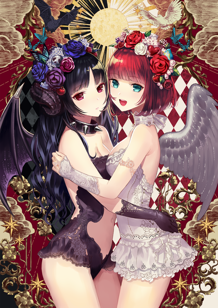 Anime picture 1500x2119 with original terai (teraimorimori) tall image looking at viewer fringe breasts open mouth light erotic black hair smile red eyes multiple girls payot red hair blunt bangs parted lips :d hair flower horn (horns) aqua eyes
