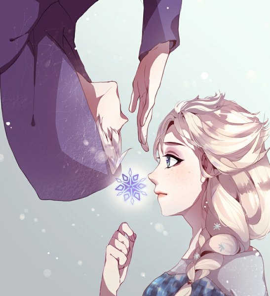 Anime picture 912x1000 with frozen (disney) rise of the guardians disney dreamworks elsa (frozen) jack frost (rise of the guardians) lehanna tall image fringe blonde hair silver hair white hair braid (braids) profile aqua eyes snowing face to face upside down crossover girl