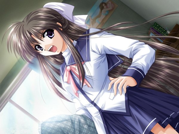 Anime picture 1024x768 with izumo (game) touma miyuki yamamoto kazue brown hair purple eyes game cg girl serafuku