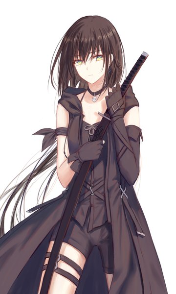Anime picture 1080x1800 with original xing muhen single long hair tall image looking at viewer fringe black hair simple background hair between eyes standing white background holding yellow eyes expressionless sheathed asymmetrical clothes girl gloves weapon