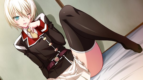 Anime picture 1024x576 with zero infinity blush short hair blue eyes light erotic wide image game cg white hair one eye closed wink girl thighhighs skirt uniform black thighhighs school uniform miniskirt