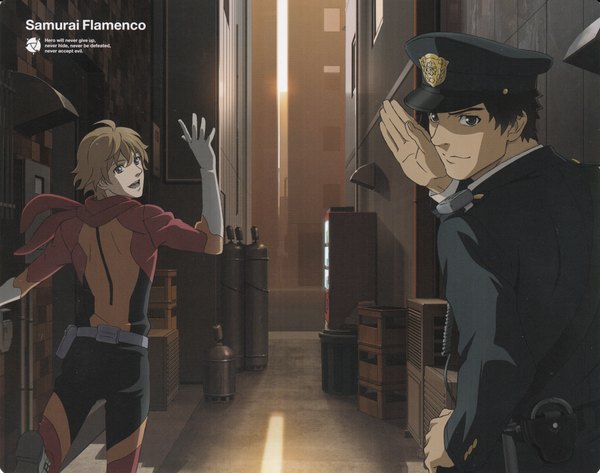 Anime picture 1992x1572 with samurai flamenco hazama masayoshi gotou hidenori looking at viewer highres short hair open mouth blonde hair smile looking back grey hair from behind multiple boys grey eyes running alley boy gloves uniform elbow gloves