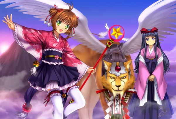 Anime picture 3496x2362 with card captor sakura clamp kinomoto sakura daidouji tomoyo mutsuki (moonknives) long hair highres short hair blue eyes black hair brown hair multiple girls green eyes absurdres ahoge traditional clothes two side up girl thighhighs dress