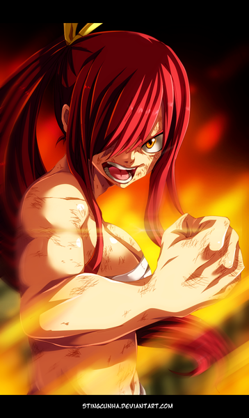 Anime picture 800x1341 with fairy tail erza scarlet stingcunha single long hair tall image fringe breasts open mouth light erotic large breasts ponytail red hair hair over one eye bare belly orange eyes coloring magic letterboxed angry