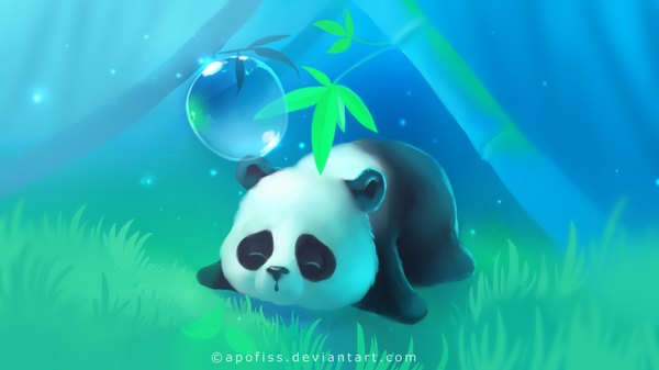 Anime picture 1920x1080 with original apofiss single highres wide image signed lying eyes closed sleeping plant (plants) animal leaf (leaves) grass water drop panda