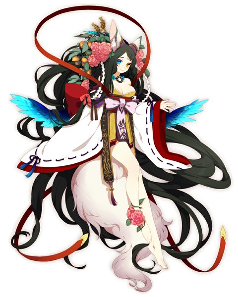 Anime picture 800x1000 with original pixiv fantasia ni02 (asahi nini) single tall image looking at viewer black hair simple background white background animal ears tail very long hair traditional clothes japanese clothes animal tail hair flower heterochromia girl dress hair ornament