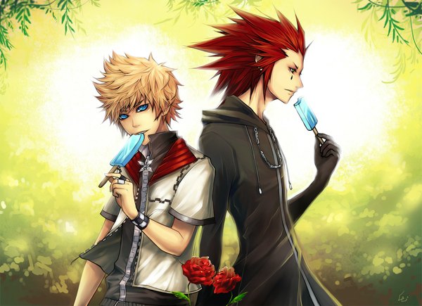 Anime picture 1024x744 with kingdom hearts square enix roxas axel unodu looking at viewer short hair blue eyes blonde hair holding green eyes red hair profile multiple boys eating boy flower (flowers) plant (plants) tree (trees) food