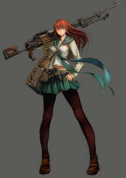 Anime picture 869x1228 with original jittsu single tall image looking at viewer simple background brown hair standing green eyes pleated skirt light smile girl skirt navel uniform weapon school uniform miniskirt pantyhose belt