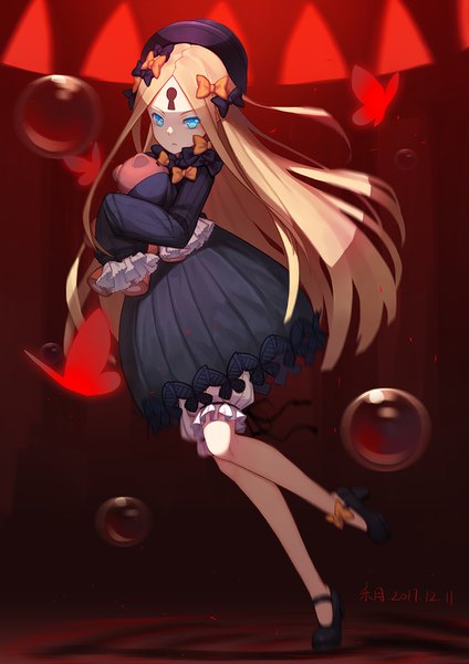 Anime picture 1060x1500 with fate (series) fate/grand order abigail williams (fate) ttheyue single long hair tall image looking at viewer blue eyes blonde hair full body long sleeves shaded face girl bow hair bow hat shoes insect butterfly