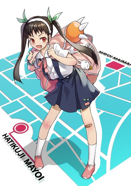 Anime picture 820x1160 with bakemonogatari shaft (studio) monogatari (series) hachikuji mayoi ryuutetsu single long hair tall image blush fringe open mouth black hair red eyes twintails looking away full body shadow leaning character names bandaid on leg