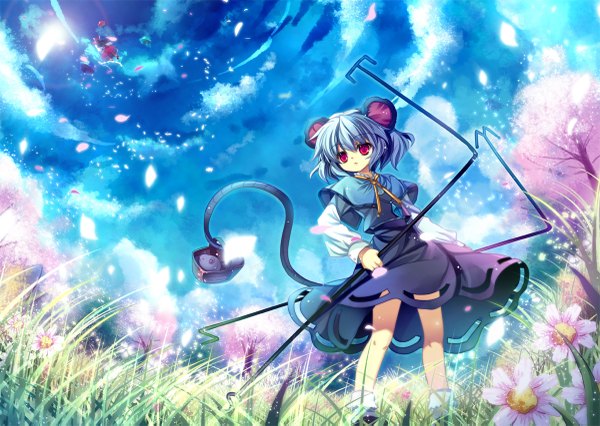 Anime picture 1200x853 with touhou hakurei reimu nazrin capura lin short hair red eyes animal ears blue hair cloud (clouds) animal tail cherry blossoms mouse ears girl flower (flowers) plant (plants) petals tree (trees) grass