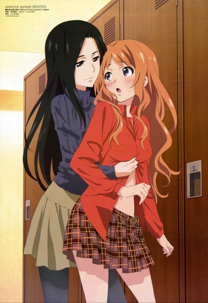 Anime picture 4084x5939 with selector infected wixoss j.c. staff megami magazine aoi akira urazoe iona long hair tall image blush highres open mouth black hair brown hair multiple girls brown eyes absurdres official art hug shoujo ai girl skirt