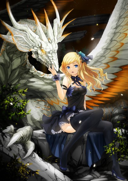 Anime picture 1447x2047 with original lucifer301 single long hair tall image looking at viewer breasts open mouth blue eyes light erotic blonde hair sitting bare shoulders multicolored hair aqua eyes arms up high heels sleeveless gradient hair fantasy