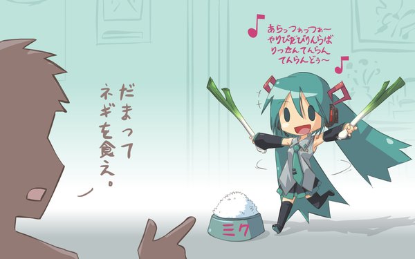 Anime picture 1024x640 with vocaloid hatsune miku john su long hair wide image twintails green eyes very long hair aqua hair zettai ryouiki chibi solid eyes spinning girl thighhighs skirt necktie food headphones bowl