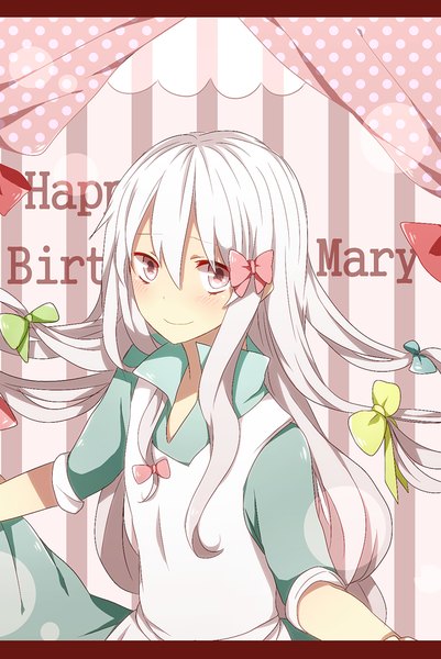 Anime picture 696x1040 with kagerou project shaft (studio) mary (kagerou project) harusawa single long hair tall image looking at viewer blush smile white hair pink eyes character names letterboxed happy birthday striped background girl bow hair bow