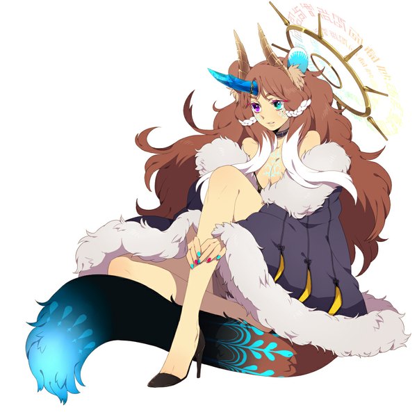 Anime picture 1000x1000 with original pixiv fantasia ni02 (asahi nini) single long hair simple background brown hair white background sitting bare shoulders animal ears looking away tail animal tail horn (horns) heterochromia wavy hair girl dress