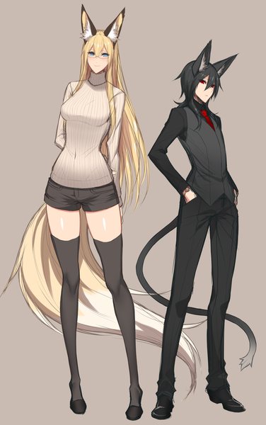 Anime picture 753x1200 with original sigma99 long hair tall image blush blue eyes black hair simple background blonde hair smile red eyes multiple girls animal ears tail animal tail grey background fox ears fox tail girl thighhighs