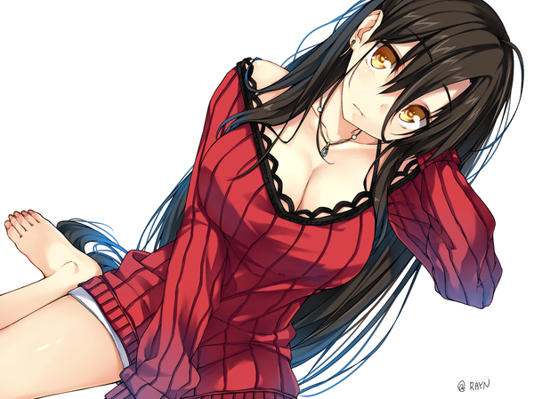 Anime picture 2300x1722 with original rayn single long hair fringe highres breasts light erotic black hair simple background hair between eyes white background sitting signed yellow eyes cleavage barefoot wariza girl pendant