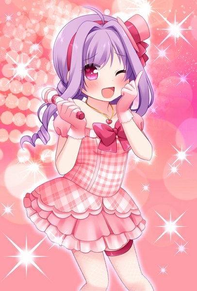 Anime picture 666x983 with ringo yuyu single long hair tall image looking at viewer blush open mouth smile purple hair one eye closed pink eyes wink girl dress choker microphone