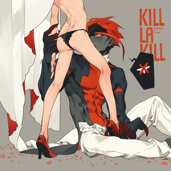 Anime picture 800x800 with kill la kill studio trigger matoi ryuuko senketsu coralstone light erotic red eyes sitting looking away red hair multicolored hair grey background two-tone hair bare legs high heels streaked hair legs copyright name couple character names
