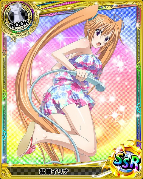 Anime picture 640x800 with highschool dxd shidou irina single tall image looking at viewer open mouth brown hair purple eyes twintails bare shoulders bent knee (knees) very long hair looking back card (medium) girl sundress shower