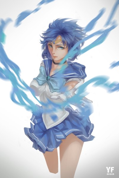 Anime picture 2480x3700 with bishoujo senshi sailor moon toei animation mizuno ami sailor mercury yf (artist) single tall image looking at viewer highres short hair breasts blue eyes simple background large breasts standing white background blue hair pleated skirt wind girl