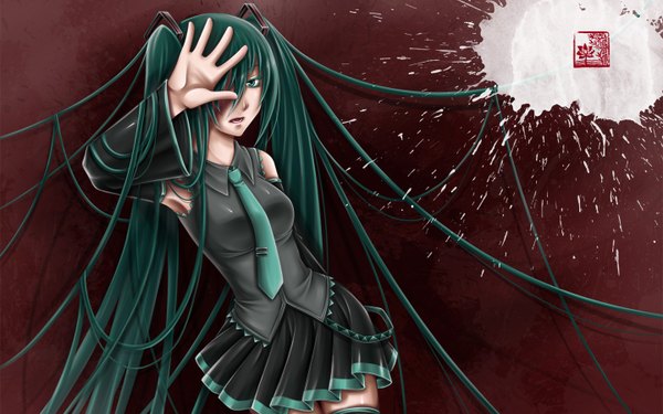 Anime picture 1440x900 with vocaloid hatsune miku guleslotus single fringe wide image twintails green eyes very long hair pleated skirt arm up green hair hair over one eye girl skirt detached sleeves miniskirt necktie black skirt