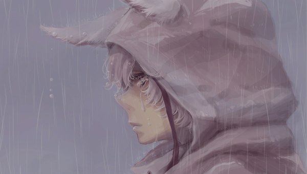 Anime picture 1251x710 with si (pixiv) single short hair wide image animal ears grey hair grey background grey eyes rain crying boy hood