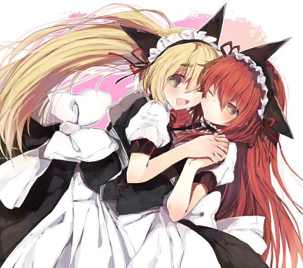 Anime picture 1040x920 with steins;gate white fox makise kurisu shiina mayuri miya (tsumazukanai) long hair looking at viewer blush blonde hair twintails multiple girls green eyes animal ears red hair one eye closed wink cat ears puffy sleeves holding hands alternate hairstyle