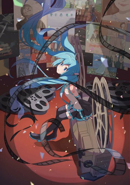 Anime picture 1000x1417 with vocaloid hatsune miku hechima (issindotai) single long hair tall image blush fringe sitting twintails bare shoulders blue hair pleated skirt wind tattoo looking up drawing girl thighhighs skirt