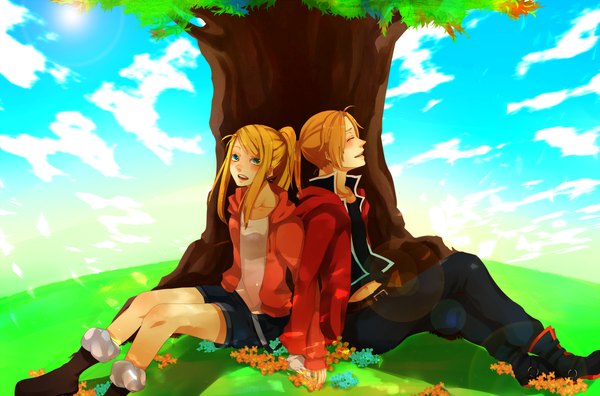 Anime picture 3000x1984 with fullmetal alchemist studio bones edward elric winry rockbell ku-to (artist) long hair blush highres open mouth sitting green eyes absurdres cloud (clouds) ponytail eyes closed profile couple girl boy flower (flowers)