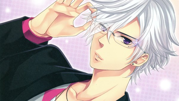 Anime picture 4254x2416 with brothers conflict idea factory asahina tsubaki udajo single looking at viewer highres short hair wide image purple eyes absurdres silver hair scan mole official art mole under eye portrait boy earrings glasses