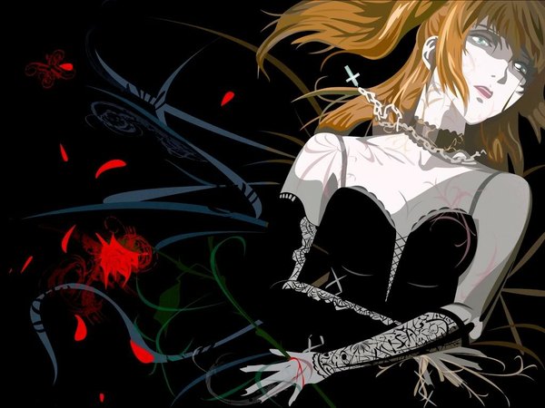 Anime picture 1024x768 with death note madhouse amane misa long hair looking at viewer highres open mouth blue eyes blonde hair twintails nail polish lips dark background pale skin black nail polish goth-loli gothic girl petals choker