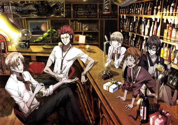 Anime picture 2000x1401 with k-project gohands (studio) mikoto suoh fushimi saruhiko misaki yata kusanagi izumo totsuka tatara tagme (artist) highres short hair open mouth black hair blonde hair smile brown hair sitting brown eyes red hair black eyes official art