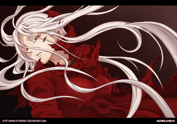 Anime picture 2000x1400 with deadman wonderland shiro (deadman wonderland) d-prodi3y single long hair highres simple background red eyes white hair coloring torn clothes girl dress