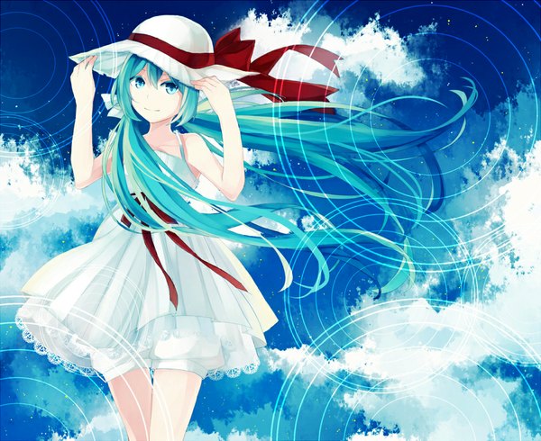 Anime picture 1000x817 with vocaloid hatsune miku tagme (artist) single looking at viewer blue eyes twintails blue hair sky cloud (clouds) very long hair girl dress hat sundress