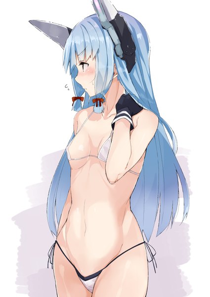 Anime picture 600x847 with kantai collection murakumo destroyer akiha (attract) single long hair tall image blush fringe breasts light erotic standing white background brown eyes blue hair looking away blunt bangs sweat alternate costume shiny skin sideboob