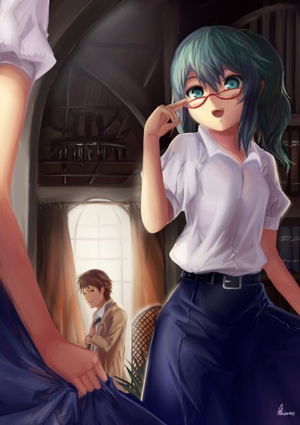 Anime picture 2480x3507 with original akizone tall image blush highres short hair open mouth brown hair green eyes signed green hair girl boy skirt miniskirt shirt glasses book (books)