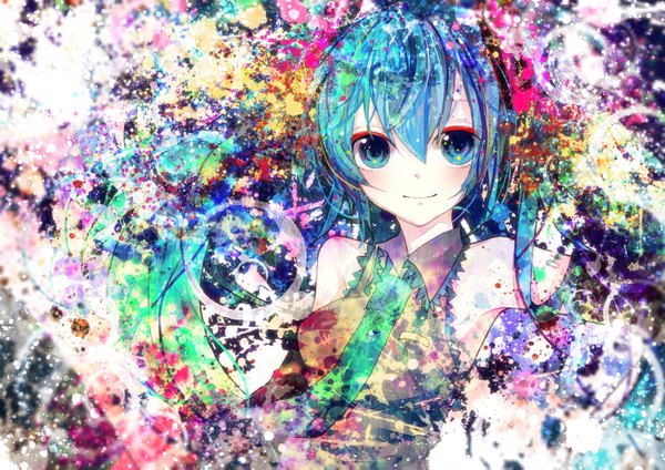 Anime picture 3035x2149 with vocaloid hatsune miku sazanami shione single long hair highres smile twintails bare shoulders absurdres aqua eyes aqua hair abstract girl necktie