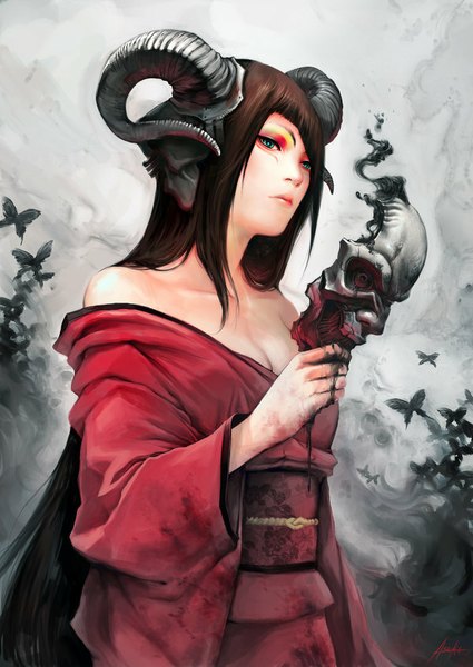 Anime picture 600x846 with original asuka111 single long hair tall image looking at viewer fringe brown hair standing bare shoulders traditional clothes japanese clothes horn (horns) eyeshadow girl kimono insect butterfly mask skull