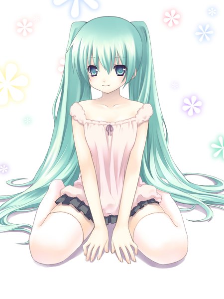 Anime picture 1200x1600 with vocaloid hatsune miku nana mikoto single long hair tall image twintails green eyes green hair girl thighhighs skirt miniskirt white thighhighs