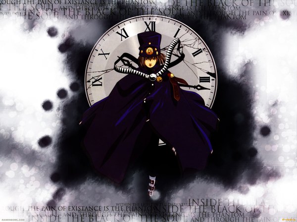 Anime picture 1600x1200 with boogiepop phantom madhouse boogiepop single looking at viewer short hair brown hair third-party edit yin yang girl headdress clock coat
