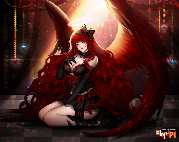 Anime picture 3680x2920 with mabinogi ravaniz single looking at viewer highres breasts light erotic red eyes signed absurdres red hair very long hair inscription hieroglyph wavy hair girl dress skirt gloves bow