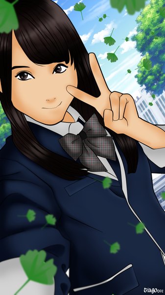 Anime picture 1972x3508 with odzigner single long hair tall image looking at viewer fringe highres black hair smile signed sky cloud (clouds) black eyes victory self shot girl uniform plant (plants) school uniform tree (trees)